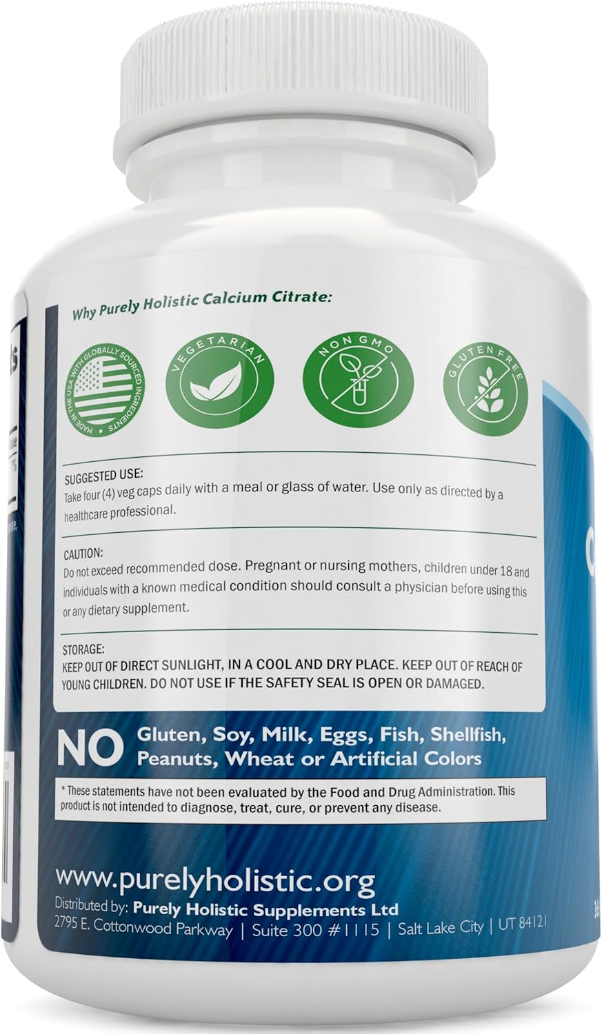 Calcium Citrate 1000mg - 365 Vegan Capsules not Tablets with Added Parsley, Dandelion and Watercress - Without Vitamin D - Made in The USA by Purely Holistic
