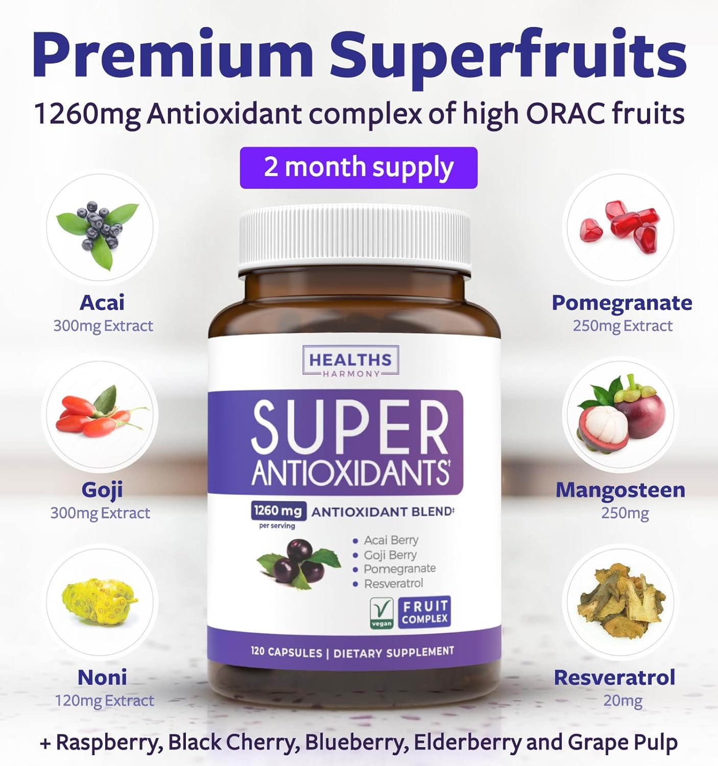 Super Antioxidants Supplement for Women & Men - High Potency Herbal & Fruit Blend with Acai, Goji, Pomegranate, Elderberry & Resveratrol for Skin Care & Immune Support - Vegan & Non-GMO - 120 Capsules