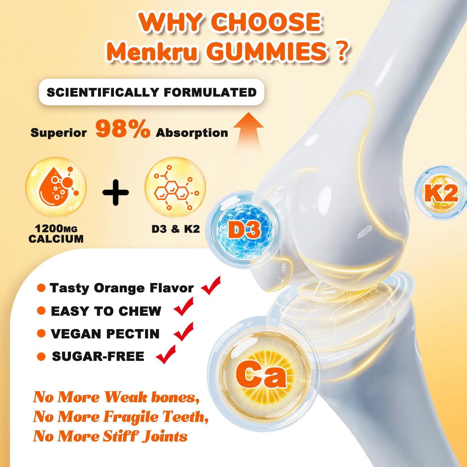 Calcium Citrate Gummies,Calcium 1200 mg with Vitamin D3 and K2 for Women & Men.Supports Bone Muscle & Teeth - Natural Orange Flavor,120 Gummies- 60 Day Vegan Supply