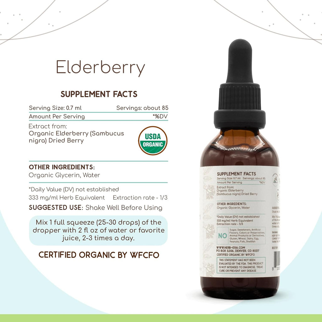 HerbEra Elderberry B60 USDA Organic Tincture | Alcohol-Free Extract, High-Potency Herbal Drops | Certified Organic Elderberry (Sambucus Nigra) Dried Berry 2 FL OZ