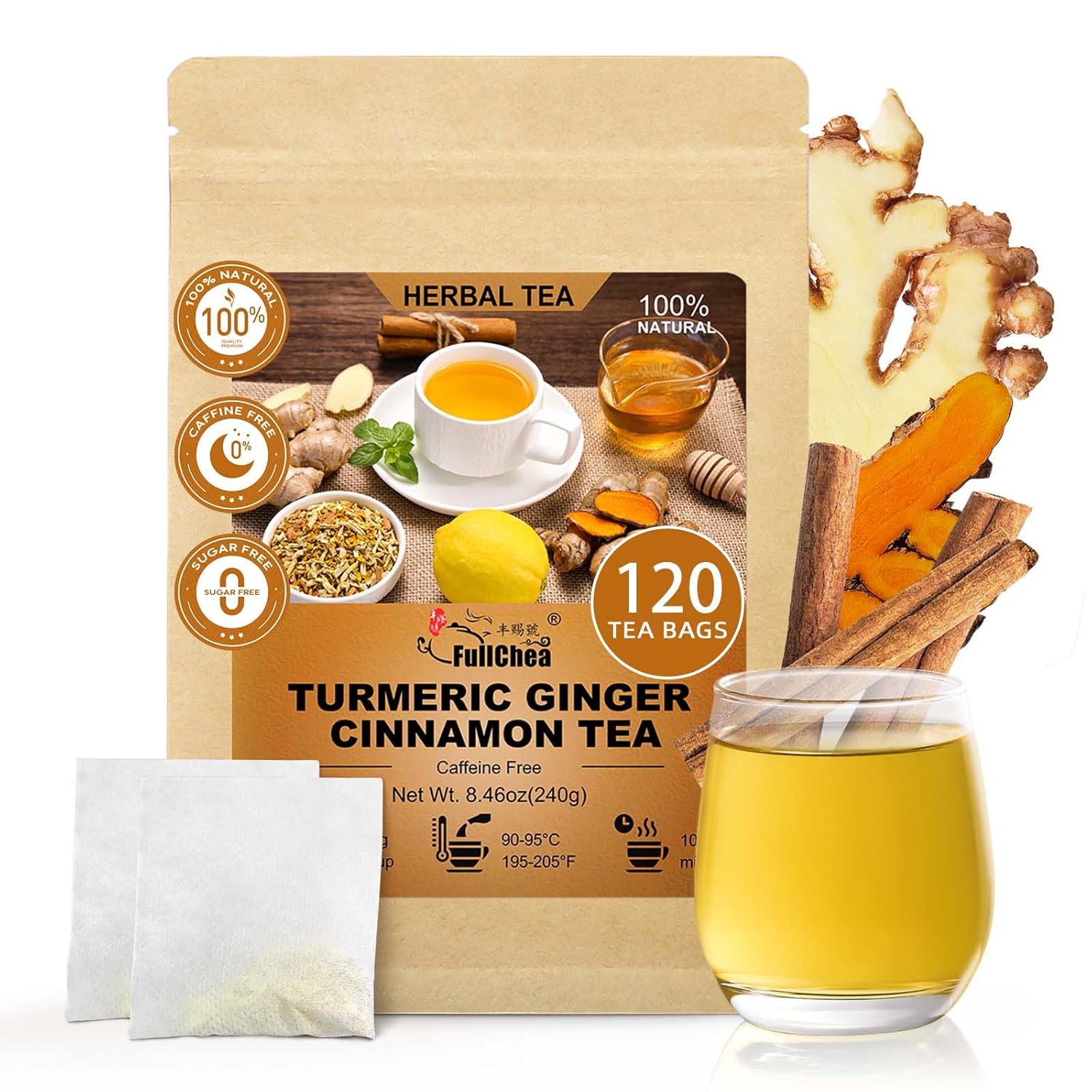 FullChea - Turmeric Ginger Cinnamon Tea Bags, 120 Teabags, 2g/bag - Premium Turmeric, Ginger, Cinnamon - Non-GMO - Caffeine-free - Aid Digestion & Boost Immunity
