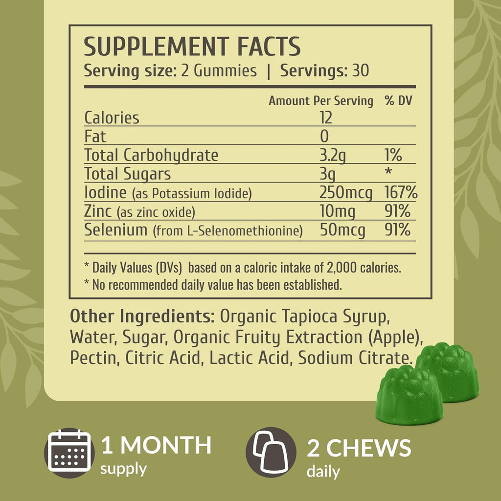 HERBAMAMA Iodine Gummies - Potassium Iodine, Zinc & Selenium for Immune Defense & Brain Support - Vegan, Non-GMO Immune Support Supplement - 60 Pectin-Based Apple-Flavored Chews