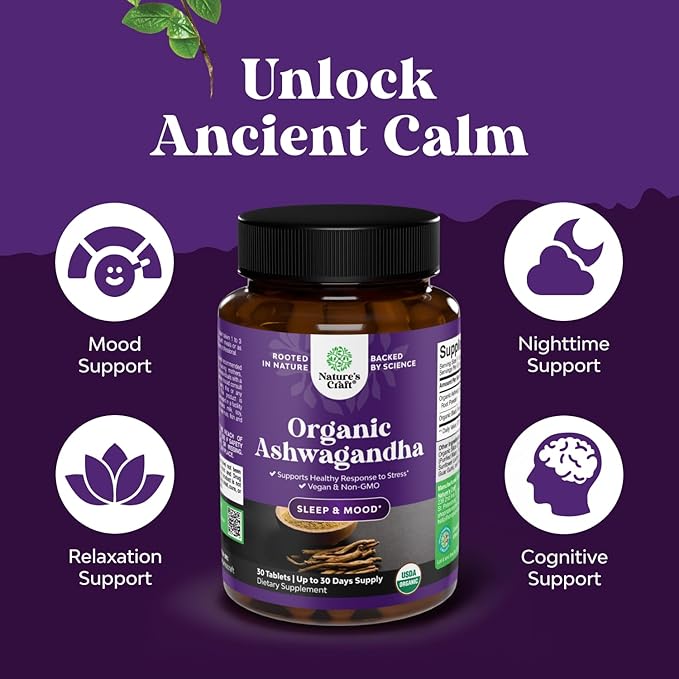 High Strength Organic Ashwagandha Supplements - Ashwagandha Organic Tablets for Mood Support & Hormone Balance for Women & Men - Root Extract Powder with Black Pepper for Better Absorption - 30 Ct