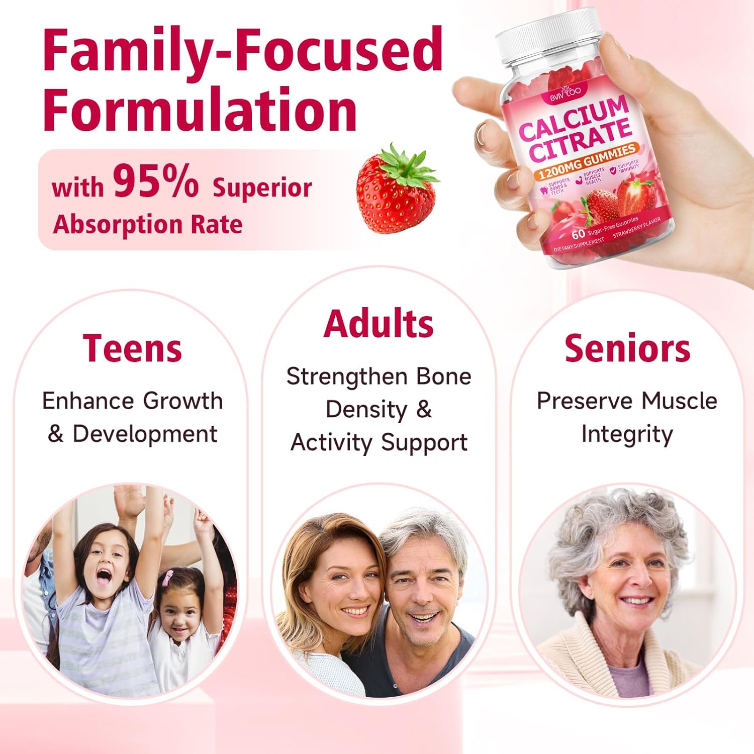 2 Packs High Absorption Calcium Citrate Gummies 1200mg - Bone & Teeth Support for Adults & Kids, Vegan Sugar-Free Gummies, Strawberry Flavor, 120 Count