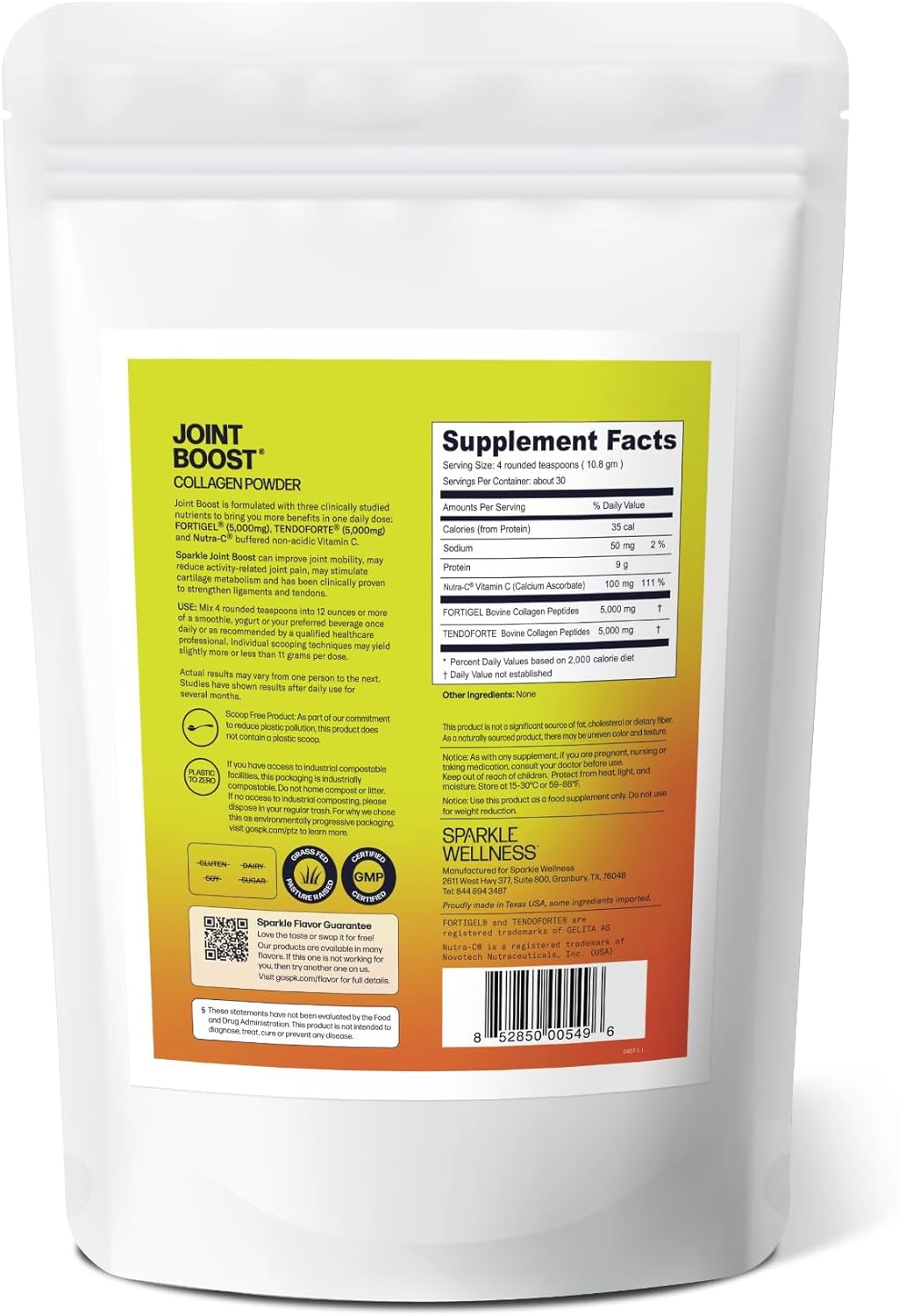 Sparkle Wellness Joint Boost (No Flavor) [30-Serves] | Collagen Powder Supplement with FORTIGEL & TENDOFORTE Collagen Peptides & Calcium Ascorbate Vitamin C | Supports Joint Mobility
