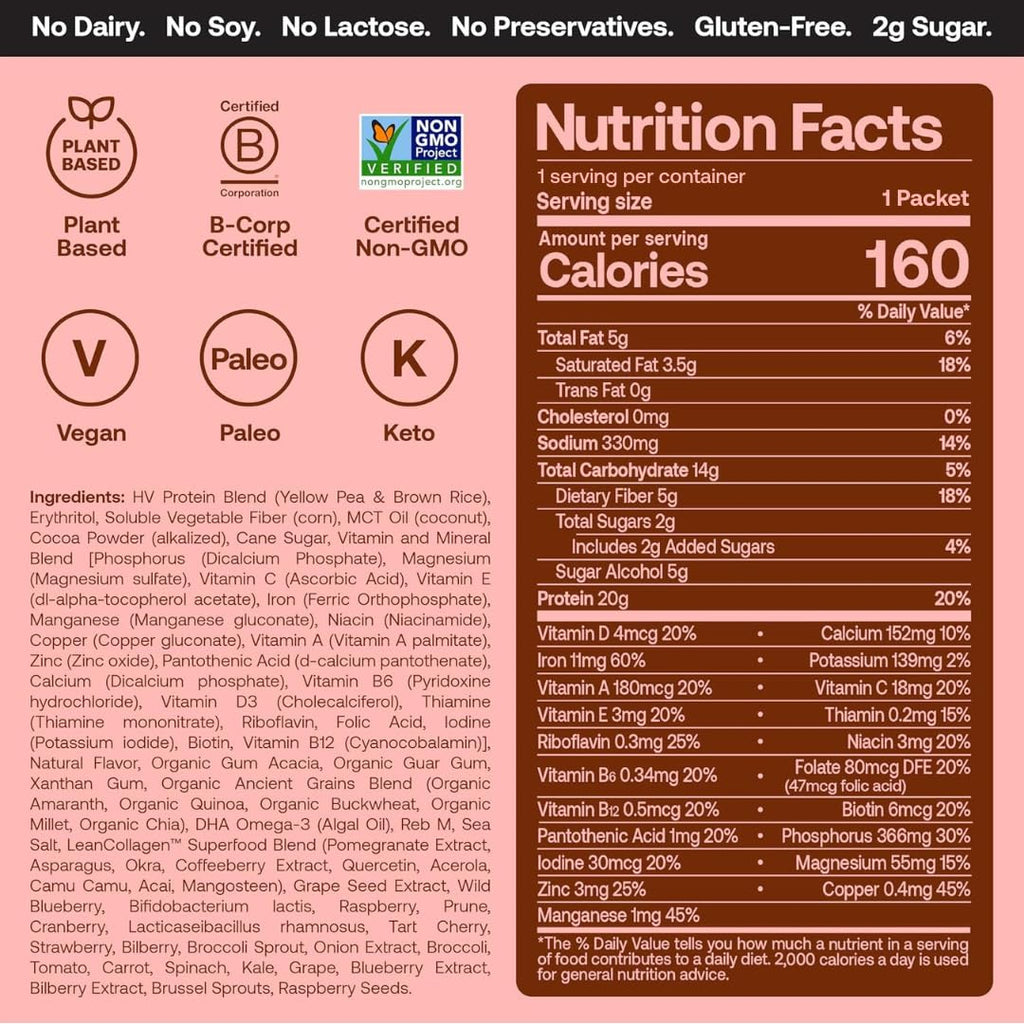 Happy Viking Triple Chocolate Plant Protein Powder, Created by Venus Williams, 20G Protein, Low Carb, Keto, Vegan, Gluten-Free, Non-GMO, Superfoods, Complete Meal Replacement, 8 Single Serve Packs