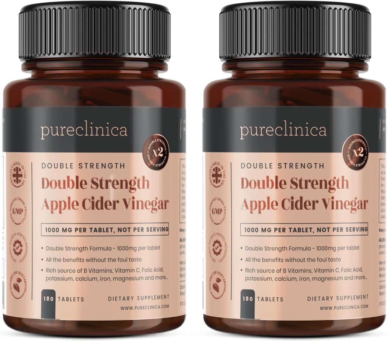 Double Strength Apple Cider Vinegar 1000mg x 360 Tablets (2 Bottles of 180 Tablets - 1 Years Supply)
