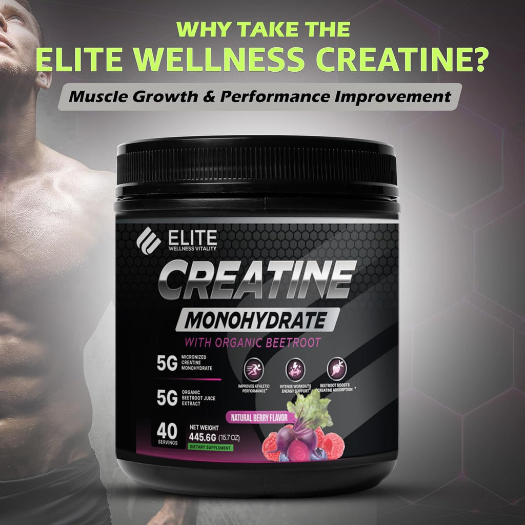 Elite Wellness Berry Flavor Creatine Monohydrate with Organic Beetroot Supplement - Supports Muscle Strength, Stamina, Cognitive Function & Athletic Performance, Gluten & Dairy Free, NSF Qualified