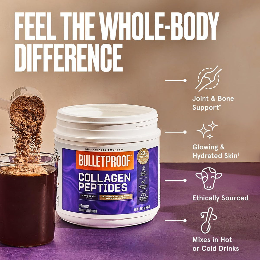 Bulletproof Chocolate Collagen Peptides Powder with MCT Oil, 14.3 Ounces, Grass-Fed Collagen Protein for Skin, Bone and Joint Support, Pasture Raised, No Added Hormones