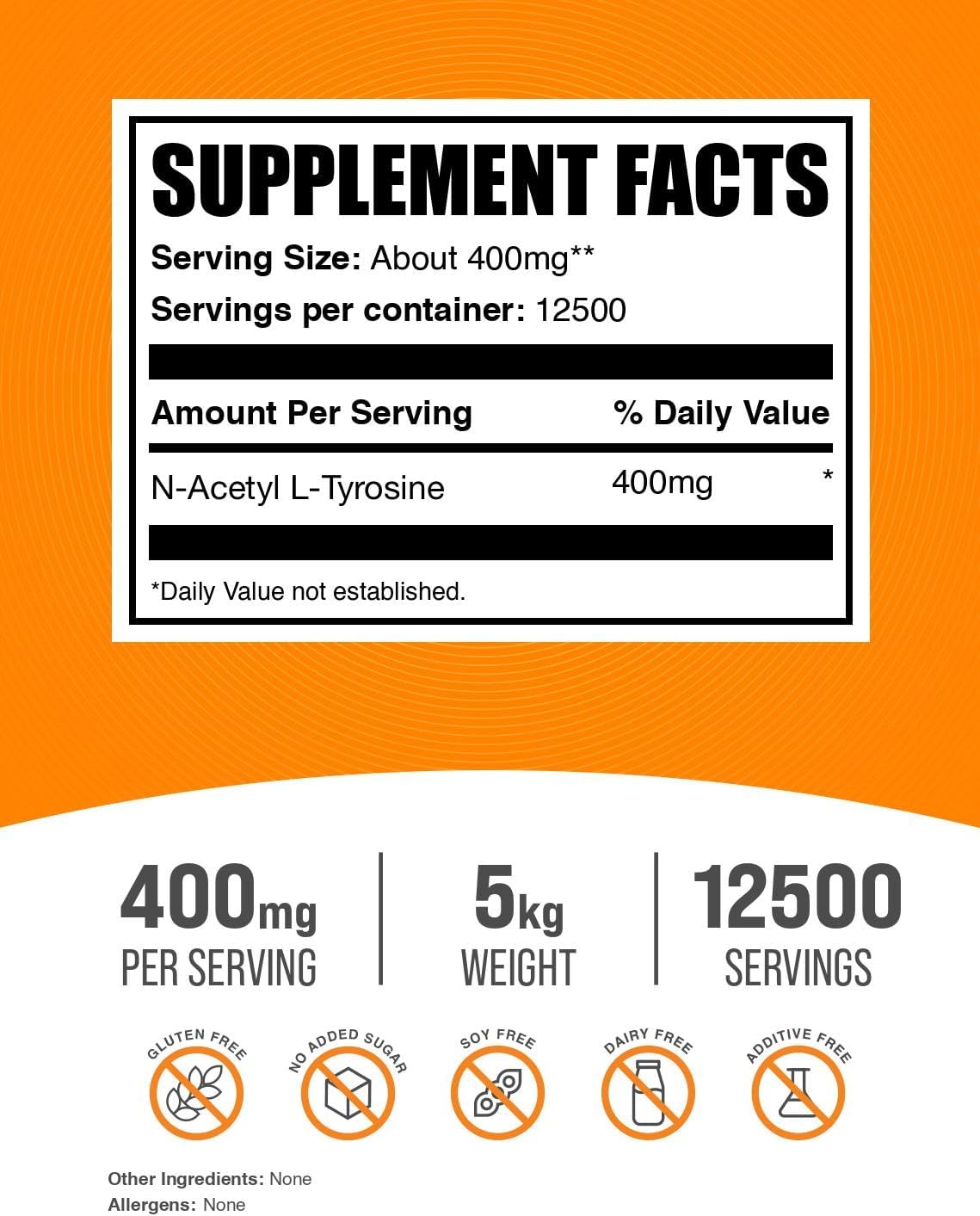 BulkSupplements.com N-Acetyl L-Tyrosine Powder -Tyrosine Supplement, NALT Powder - Amino Acid Supplement, Unflavored & Gluten Free, 400mg per Serving, 5kg (11 lbs) (Pack of 5)