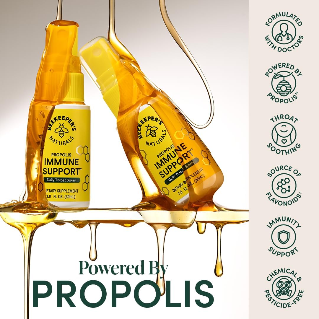 Propolis Throat Spray by Beekeeper's Naturals - 95% Bee Propolis Extract, Natural Immune Support & Sore Throat Relief - Antioxidants, Keto, Paleo, Gluten-Free (1.0 oz)(Pack of 1)