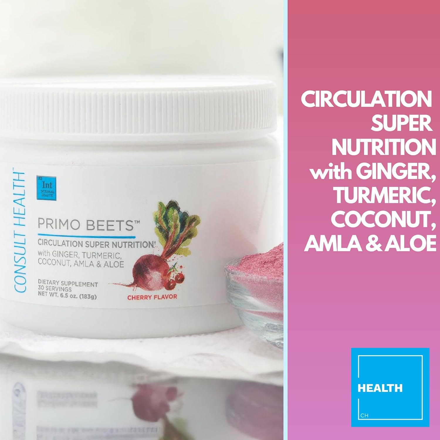 Consult Health Primo Beets - Beet Root Powder Drink Mix with Electrolytes - Nitrates to Support Circulation - Energy Boost - Ginger & Turmeric - for Men & Women - Cherry Flavor - 30 Servings