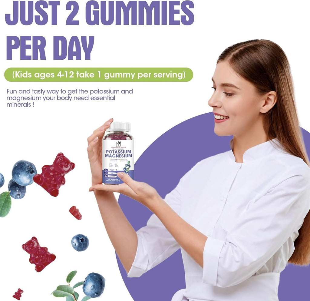 2 Pack Potassium Magnesium Gummies, Sugar-Free Potassium Gummies with Magnesium Glycinate 500mg Chewable Magnesium Potassium Supplements with Calcium, Zinc, Vitamin for Leg Cramps & Muscle