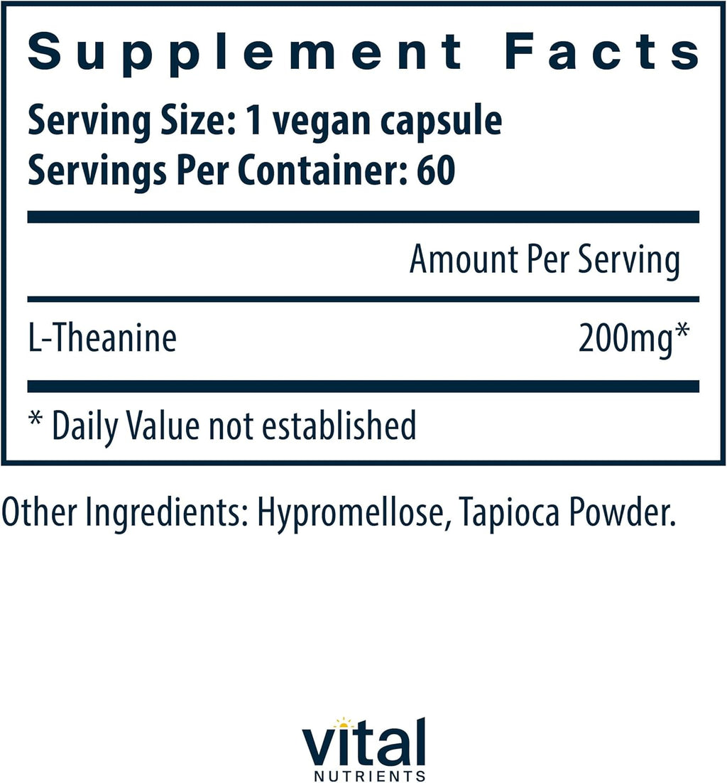 Vital Nutrients L-Theanine 200mg | Vegan Supplement | L Theanine Supplement Supports Normal Stress Levels and Cognitive Function* | Gluten, Dairy and Soy Free | 60 Capsules