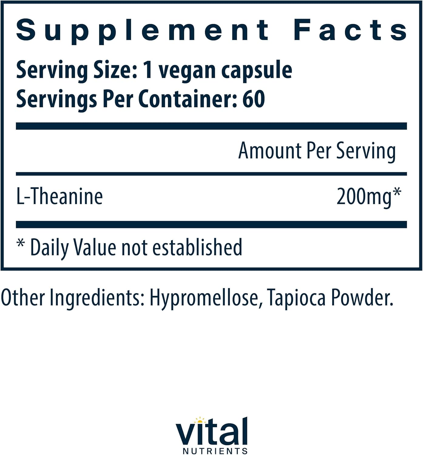 Vital Nutrients L-Theanine 200mg | Vegan Supplement | L Theanine Supplement Supports Normal Stress Levels and Cognitive Function* | Gluten, Dairy and Soy Free | 60 Capsules