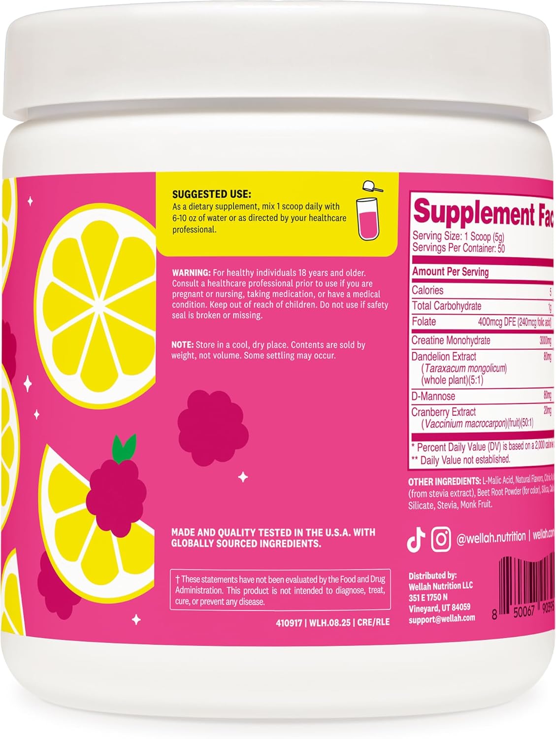 Wellah Creatine for Women (50 Servings) Raspberry Lemonade - 3g of Creatine Monohydrate Powder with Dandelion & Cranberry Extract
