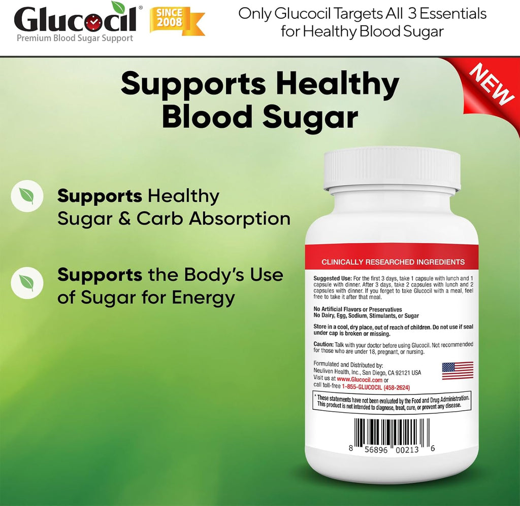 Glucocil – New - Vegetarian Capsules - Premium Blood Sugar Support - Supports The 3 Essentials for Healthy Blood Sugar - with Berberine, Proprietary Mulberry Leaf, and More