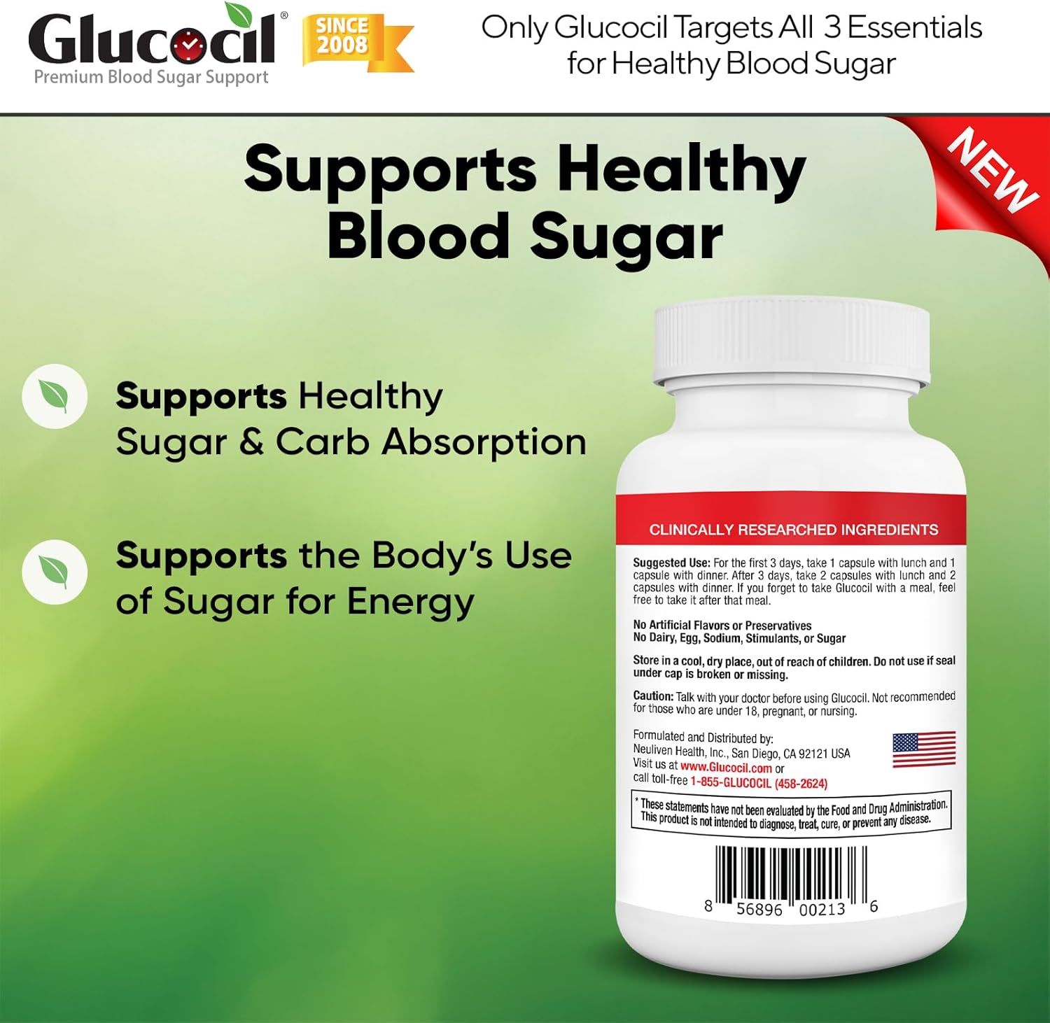 Glucocil – New - Vegetarian Capsules - Premium Blood Sugar Support - Supports The 3 Essentials for Healthy Blood Sugar - with Berberine, Proprietary Mulberry Leaf, and More