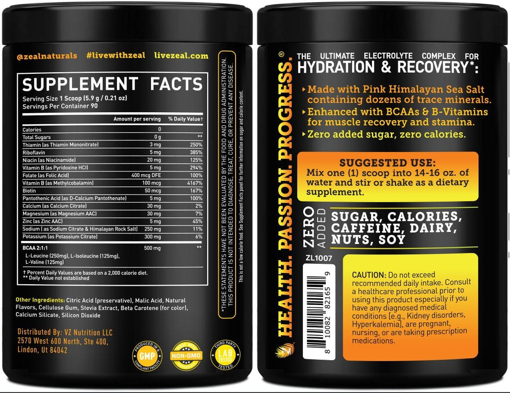 Zeal Electrolyte Powder - 90 Servings | Keto Electrolytes Powder | Zero Sugar, BCAAs, B-Vitamins | Potassium, Zinc, Magnesium | Hydration Powder Recovery Drink | Orange Pineapple