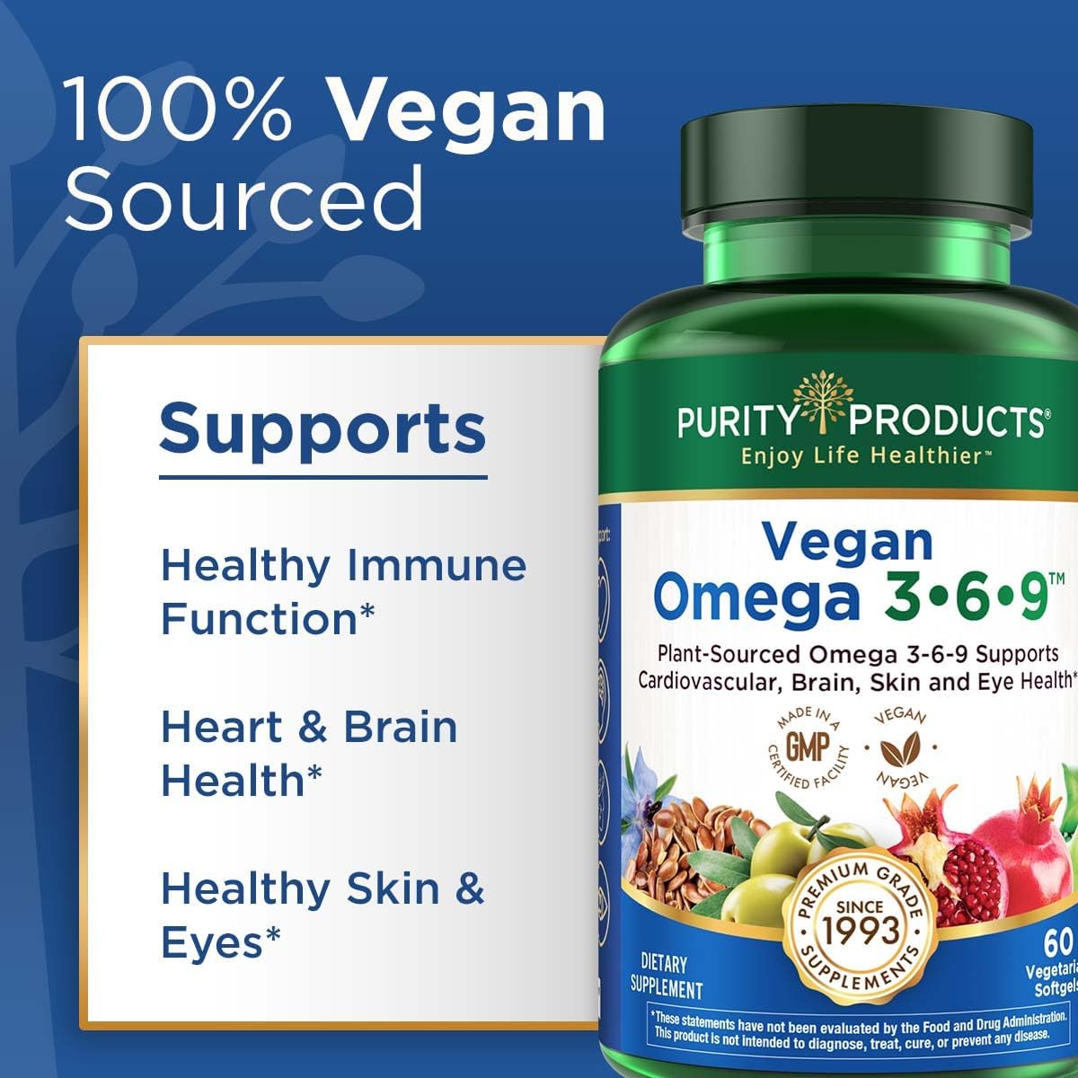 Purity Products Omega 3-6-9 Vegan and Vegetarian Formula - “5 in 1” Essential Fatty Acid Complex - Scientifically Formulated Plant-Based Omega 3 6 9 Essential Fatty Acids (EFA) - from (60)