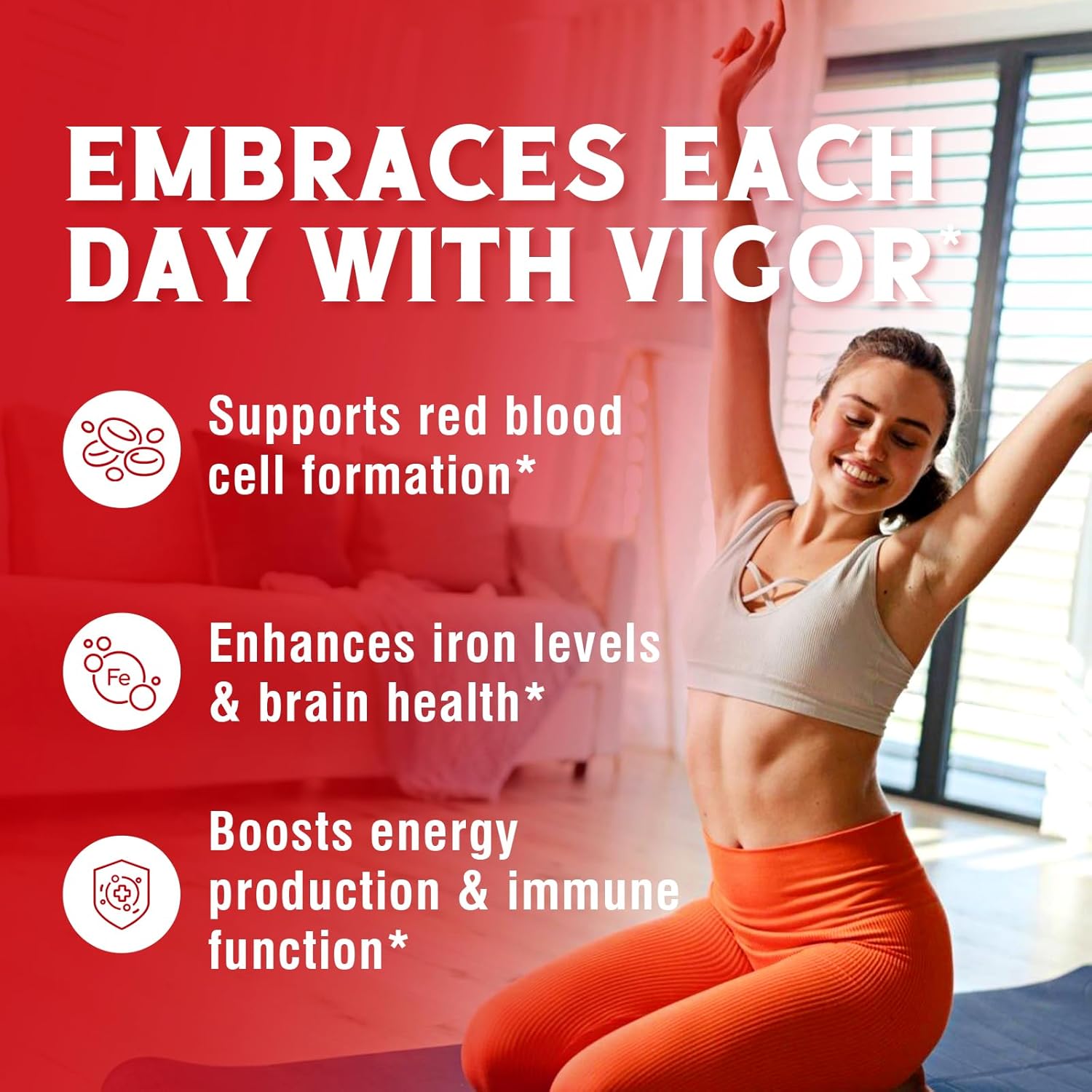 Iron Supplement for Women & Men, with Vitamins C, B6, B12 & Folate for Iron Deficiency, Blood Building & Energy Support, Stomach Friendly, Better Absorption, Non-GMO, No Gluten, 90 Vegan Caps