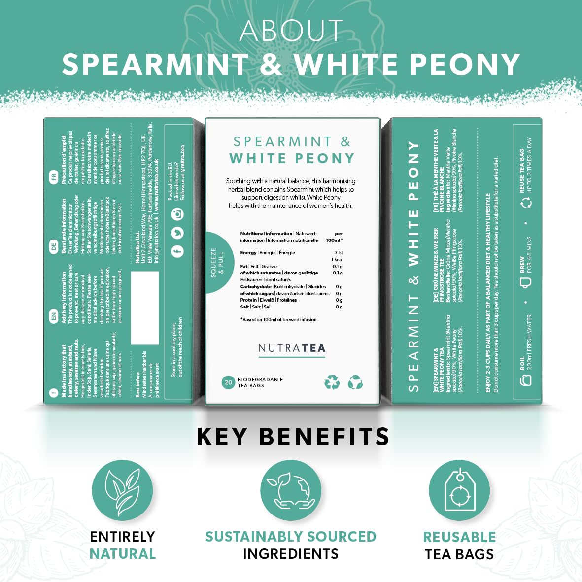 Nutra Tea - Spearmint & White Peony – Spearmint Tea, PCOS Tea - For Digestion, Women's Health & Acne - 20 Individually Wrapped Bags - Herbal Infusion (1 Pack)