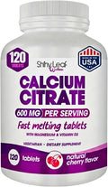 Shiny Leaf Calcium Citrate 600mg with Vitamin D3 & Magnesium - Fast Melting Bariatric Calcium for Post Surgery - Smooth Dissolving, Non-Chalky Alternative to Chewable Chews - Cherry, 120 Ct