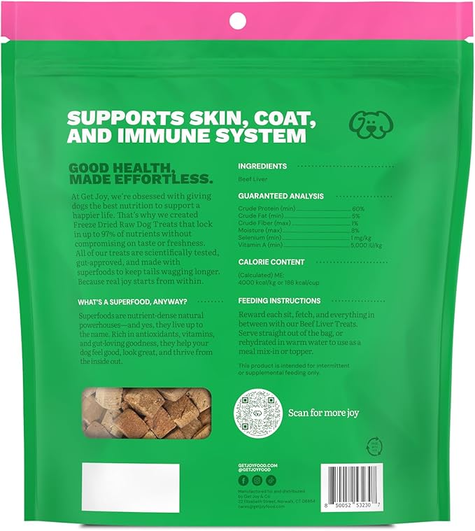 Get Joy Freeze Dried 100% Beef Liver Dog Treats, 16oz | Single Ingredient Organ Meat, High Protein Raw Dog Food Topper, Snack & Training Rewards | Grain Free, Gluten Free, Filler Free