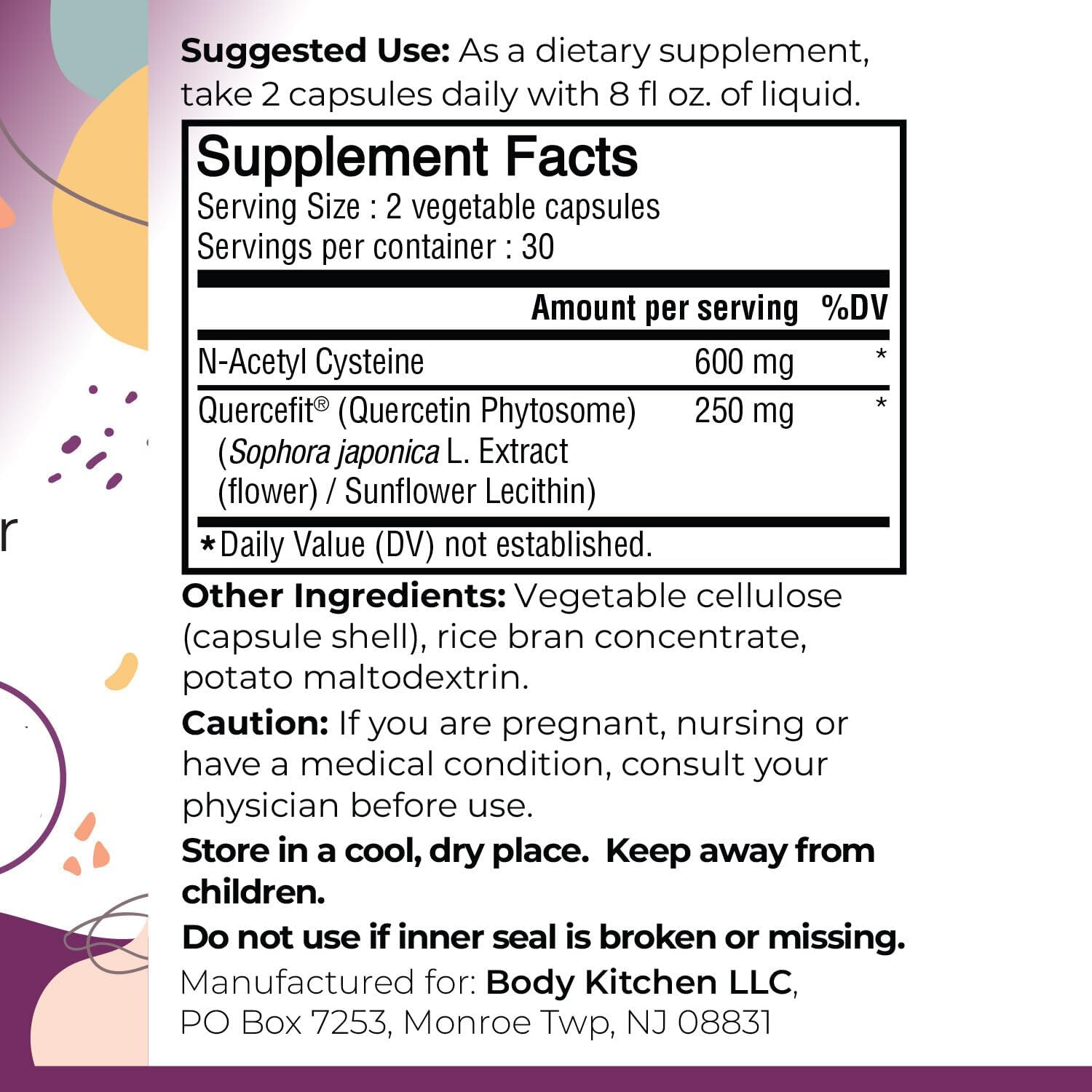 Body Kitchen Mega NAC (N-Acetyl Cysteine) 600 mg with Quercetin, Supports Respiratory Health and Immune Function and Promotes Liver and Kidney Detox, Veggie Caps, (Pack of 1)