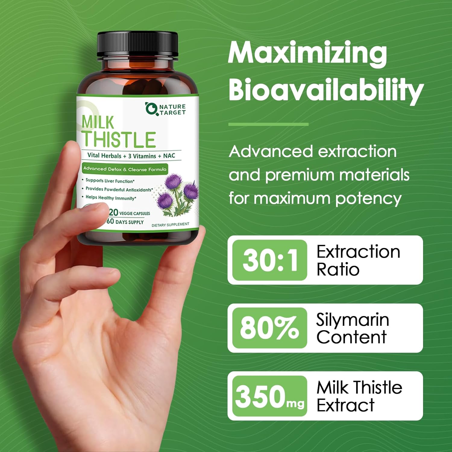 NATURE TARGET Milk Thistle Supplement for Liver Cleanse Detox & Repair, Support Supplement with 350mg of 30:1 Milk Thistle Extract Equivalent to 10500mg, 120 Veggie Capsules(60 Days Supply)