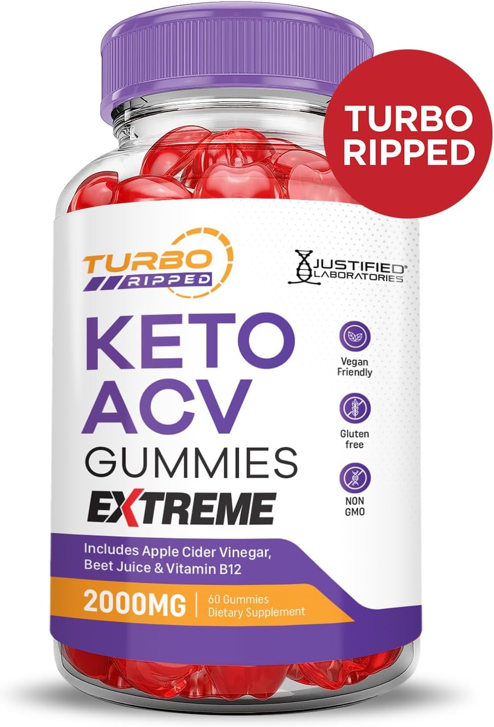 Justified Laboratories Turbo Ripped Keto ACV Gummies Extreme 2000MG Turbo Ripped Keto Gummies Apple Cider Vinegar Formulated with Pomegranate Beet Juice Powder B12 Vegan Non GMO 60 Gummys
