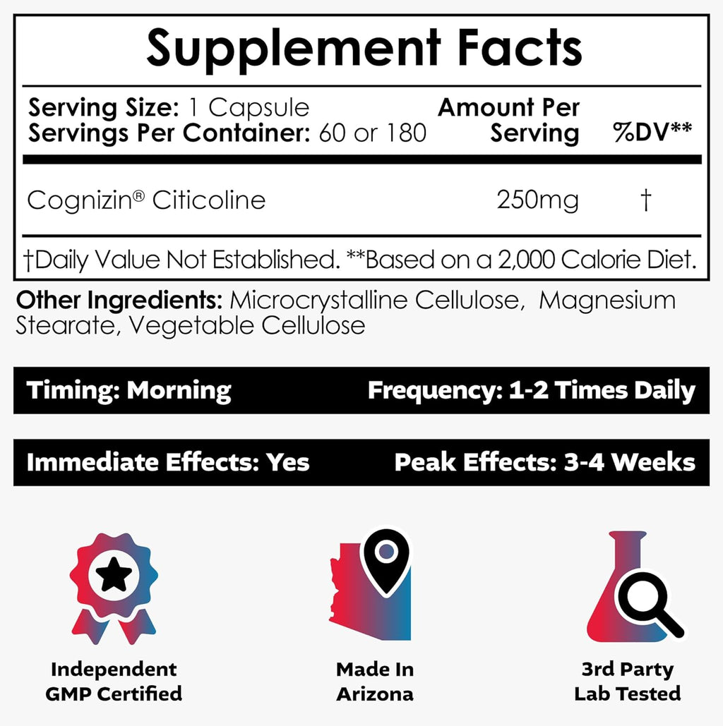 Nootropics Depot Cognizin Citicoline Capsules | 180 Count | Choline Supplement | Brain Health Supplement | Regulates Memory and Cognitive Function | Supports Attention, Focus and Recall