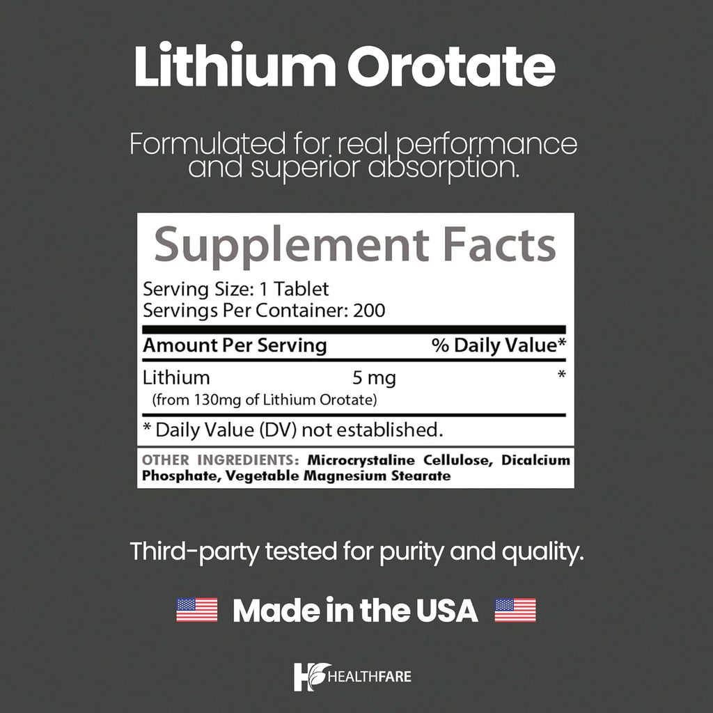 Lithium Orotate 130mg | 200 Veg Tablets | High Bioavailability | Gluten-Free | Non-GMO