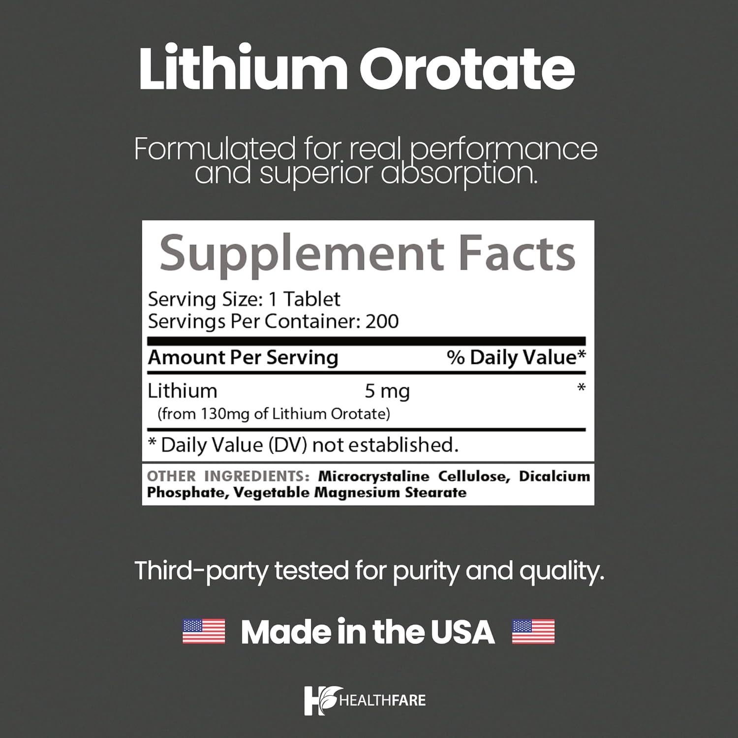 Lithium Orotate 130mg | 200 Veg Tablets | High Bioavailability | Gluten-Free | Non-GMO