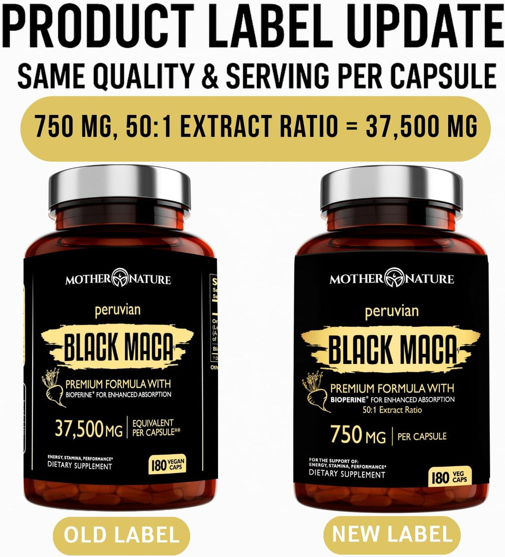 Mother Nature 37,500mg 50x Strength Organic Highly Concentrated Peruvian Black Maca Root Capsules for Men 100% Pure Maca Peruana 50:1 Extract to Boost Stamina, Enegy, Muscle Gain - 180ct