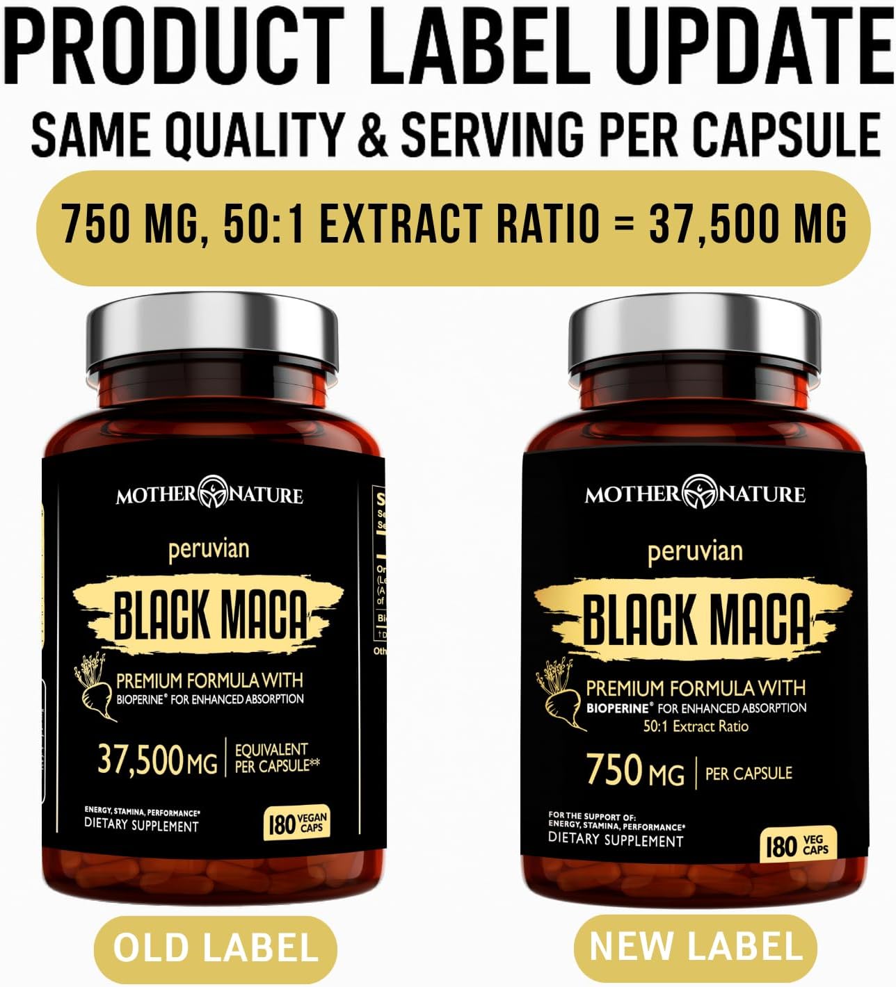 Mother Nature 37,500mg 50x Strength Organic Highly Concentrated Peruvian Black Maca Root Capsules for Men 100% Pure Maca Peruana 50:1 Extract to Boost Stamina, Enegy, Muscle Gain - 180ct
