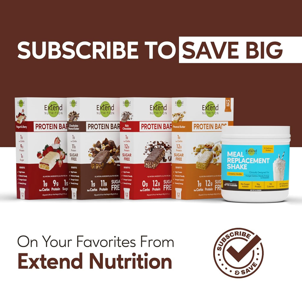 Extend Sugar Free Protein Bars, Perfect Diabetic Snacks, High Protein and Fiber, Hunger Control & Steady Energy, Low Carb, Keto Friendly (12 Count, Chocolate Peanut Butter)