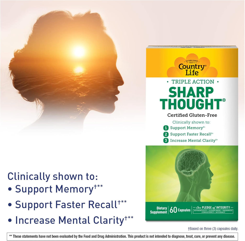 Country Life Sharp Thought - Memory & Cognitive Support Supplement – Sharp-PS Gold Phosphatidylserine + DHA – Promotes Mental Clarity & Faster Recall – Gluten-Free, 60 Capsules