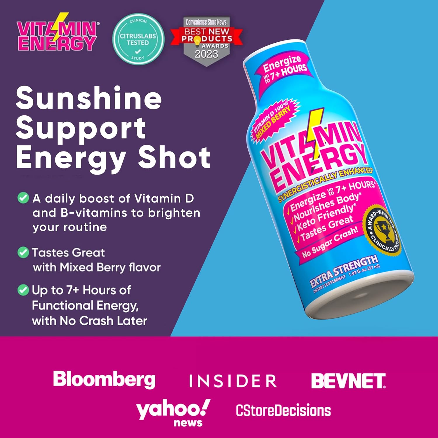 Vitamin Energy Vitamin D Extra Strength Energy Shot Mixed Berry 48 Pack, 260mg Natural Caffeine, B-Complex, Vitamin D, Wellness Support, Keto, Zero Sugar, Gluten-Free Vegan Kosher, 1.93 fl oz