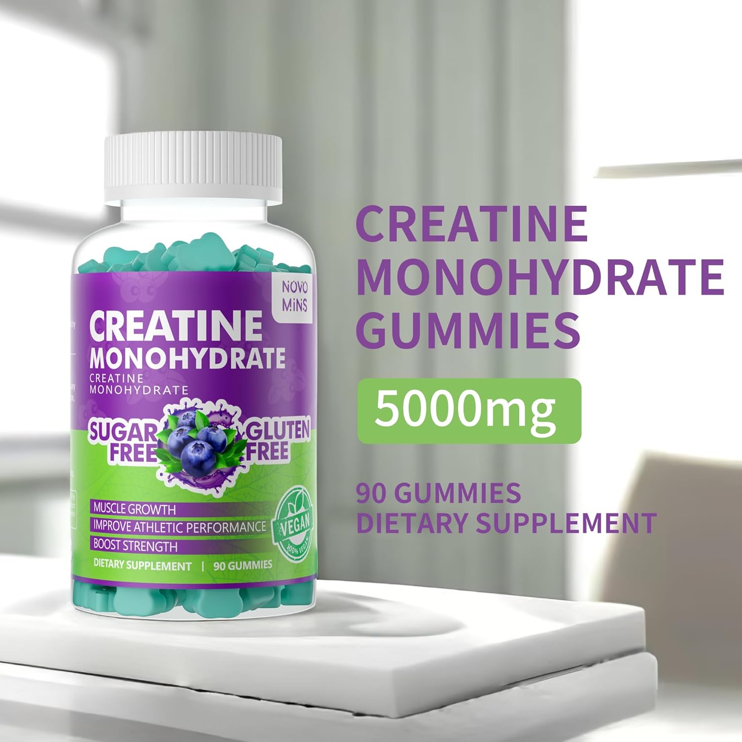 novomins Creatine Monohydrate Gummies 5000mg for Men & Women, Chewables Creatine Monohydrate for Muscle Strength, Muscle Builder, Energy Boost, Pre-Workout Supplement(90 Count)-Blueberry Flavor.