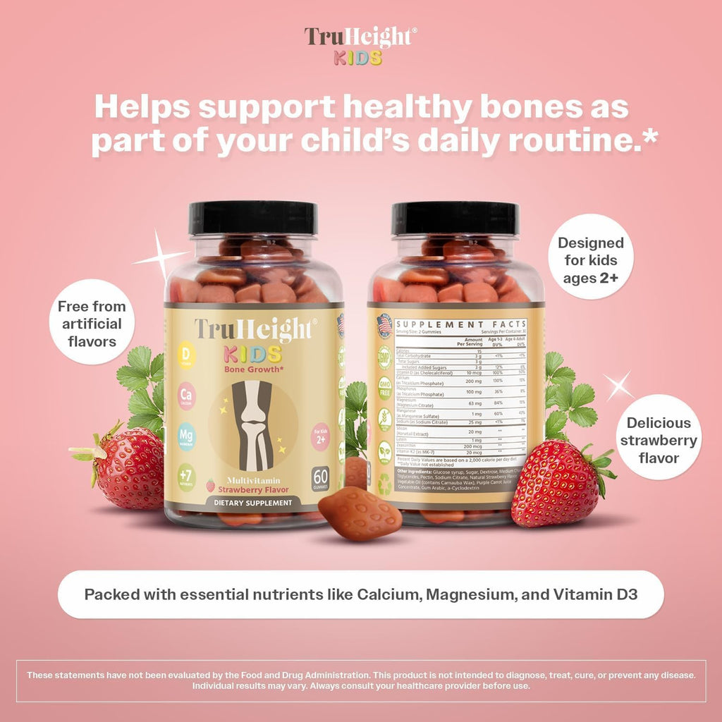 TruHeight Kids Bone Growth Gummies (Strawberry, Ages 2+) All Natural Kids & Toddler Vitamins - Vitamin D, Calcium, K2, Magnesium Multivitamin - Natural Growth & Development, Builds Strong Bones, Vegan