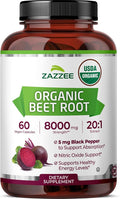 Zazzee USDA Organic Beet Root 8000 mg Strength 20:1 Extract, 60 Vegan Quick Release Capsules, Kosher, Supports Nitric Oxide Production, Black Pepper Extract for Enhanced Absorption, Made in The USA