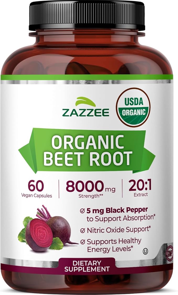 Zazzee USDA Organic Beet Root 8000 mg Strength 20:1 Extract, 60 Vegan Quick Release Capsules, Kosher, Supports Nitric Oxide Production, Black Pepper Extract for Enhanced Absorption, Made in The USA
