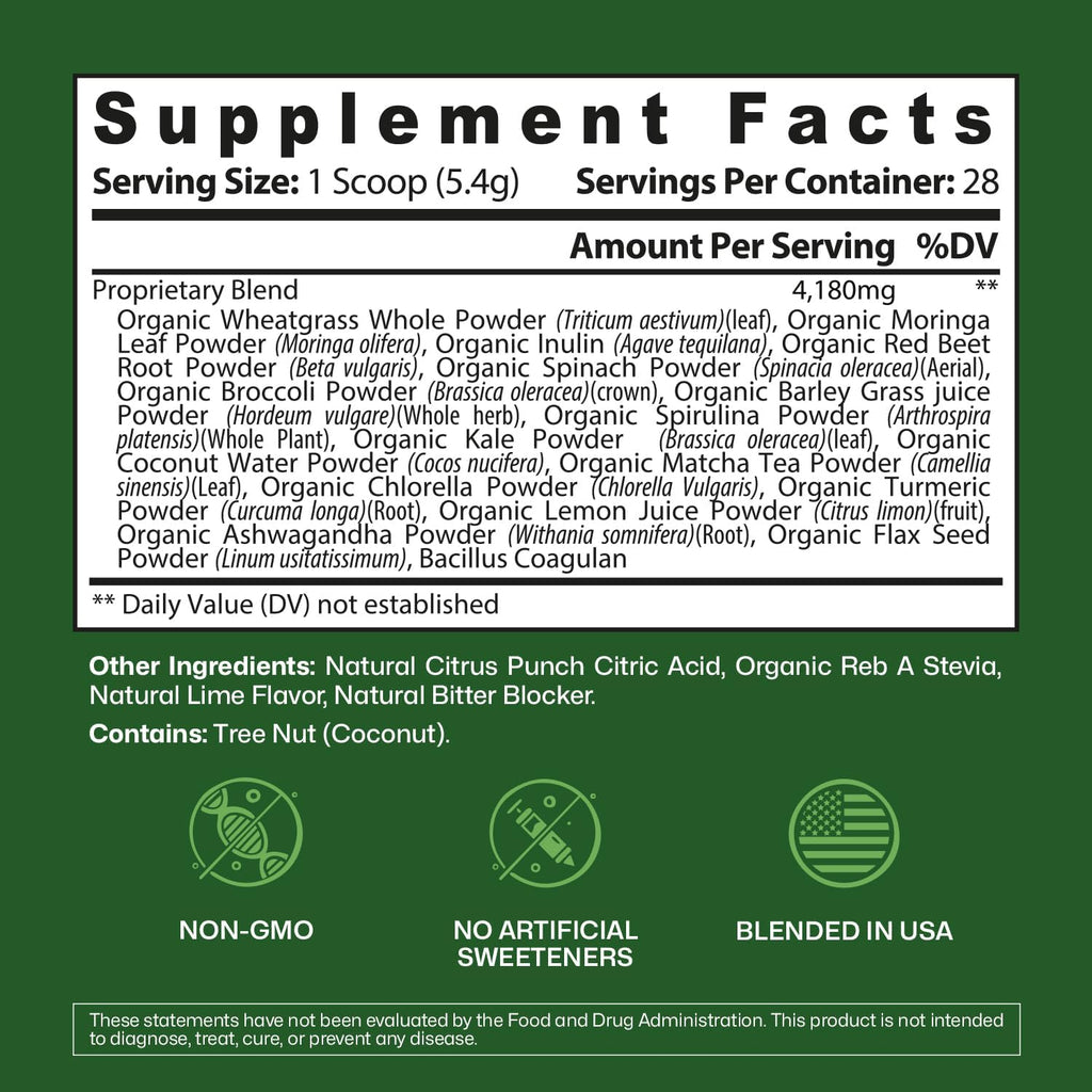 ColonBroom Superfood Greens Powder Supplement | Super Greens Juice Powder with Probiotics, Prebiotics, Spirulina & Chlorella | Natural for Energy, Immunity, Digestion & Detox Support | 28 Servings