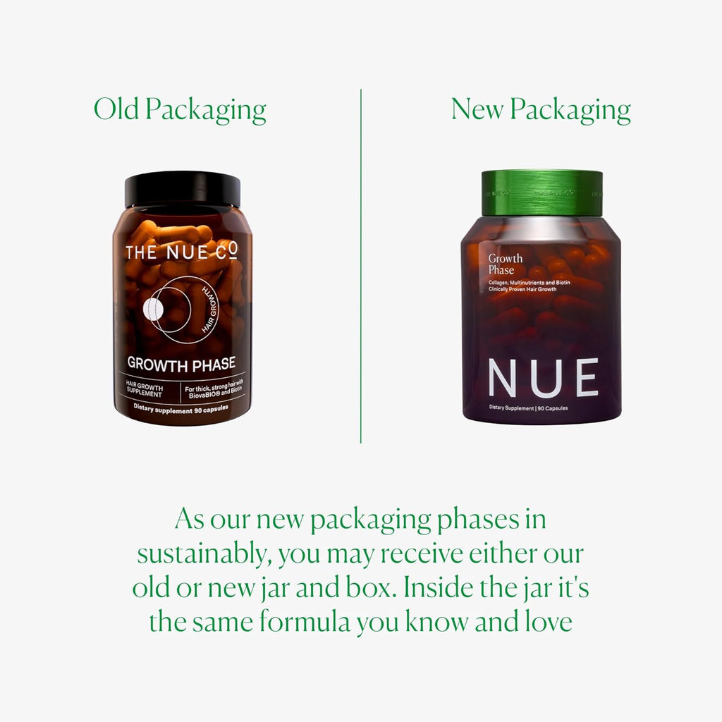 The Nue Co. Growth Phase Supplement, Supports Hair Growth, Reduces Breakage, Thicker & Fuller Hair, Contains Vitamins, Reishsi Mushrooms, Proteins & Adaptogens, Vegan, Gluten Free, 90 Capsules
