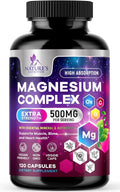 Magnesium Complex Supplement 500 mg - 5 in 1 High Absorption Blend, 100% Chelated Magnesium Glycinate & Malate Plus Citrate, Oxide, Aquamin - Non-GMO, Vegan Formula, Mag Complex Capsules - 120 Count