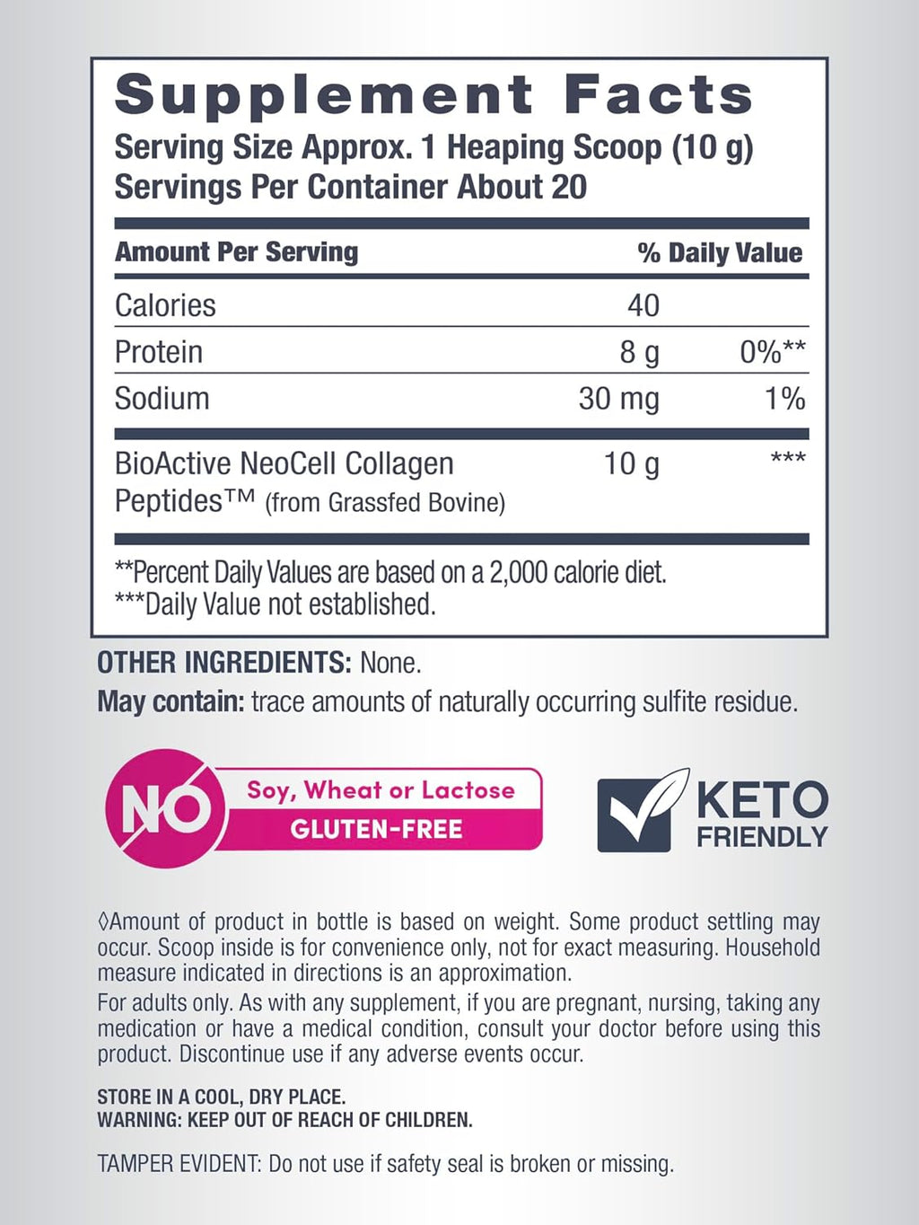 NeoCell Super Collagen Peptides, 10g Collagen Peptides per Serving, Gluten Free, Keto Friendly, Non-GMO, Grass Fed, Healthy Hair, Skin, Nails and Joints, Unflavored Powder, 7 oz., 1 Canister