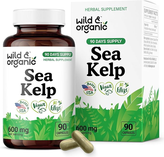 Wild & Organic Sea Kelp Supplement Capsules 600 mg - Immune & Overall Support - Sea Kelp Iodine for Men & Women - Ocean Seaweed Supplement - Vegan, No Fillers, Non-GMO - 90 Count