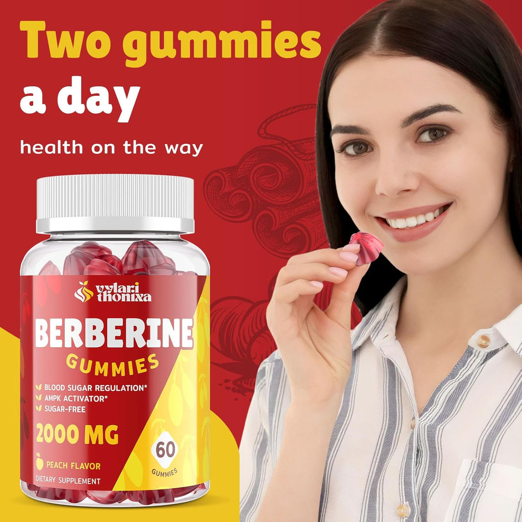 2000mg Berberine Supplement Gummies - High Potency Berberine with Ceylon Cinnamon Candy, Turmeric, Magnesium, Chromium - Sugar Free, Vegan, Non-GMO, Gluten-Free - Peach Flavor 60 Gummies - 2 Pack