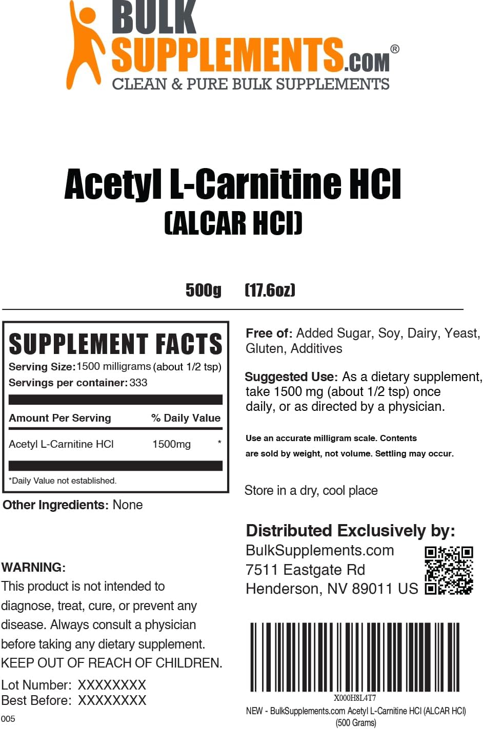 BulkSupplements.com Acetyl L-Carnitine Powder - as ALCAR HCl, Carnitine Supplement - Gluten Free, 1.5g per Serving, 500g (1.1 lbs) (Pack of 1)